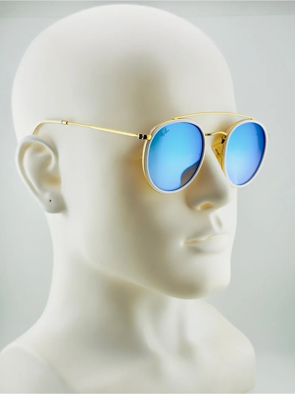 Ray-Ban Round Double Bridge Sunglasses RB3647N Gold Frame with Blue Mirror Lens